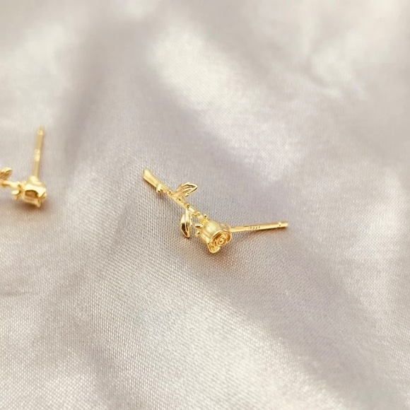 Sterling Silver Gold Toned Rose and Stem Flower Earrings - Picture 5 of 5